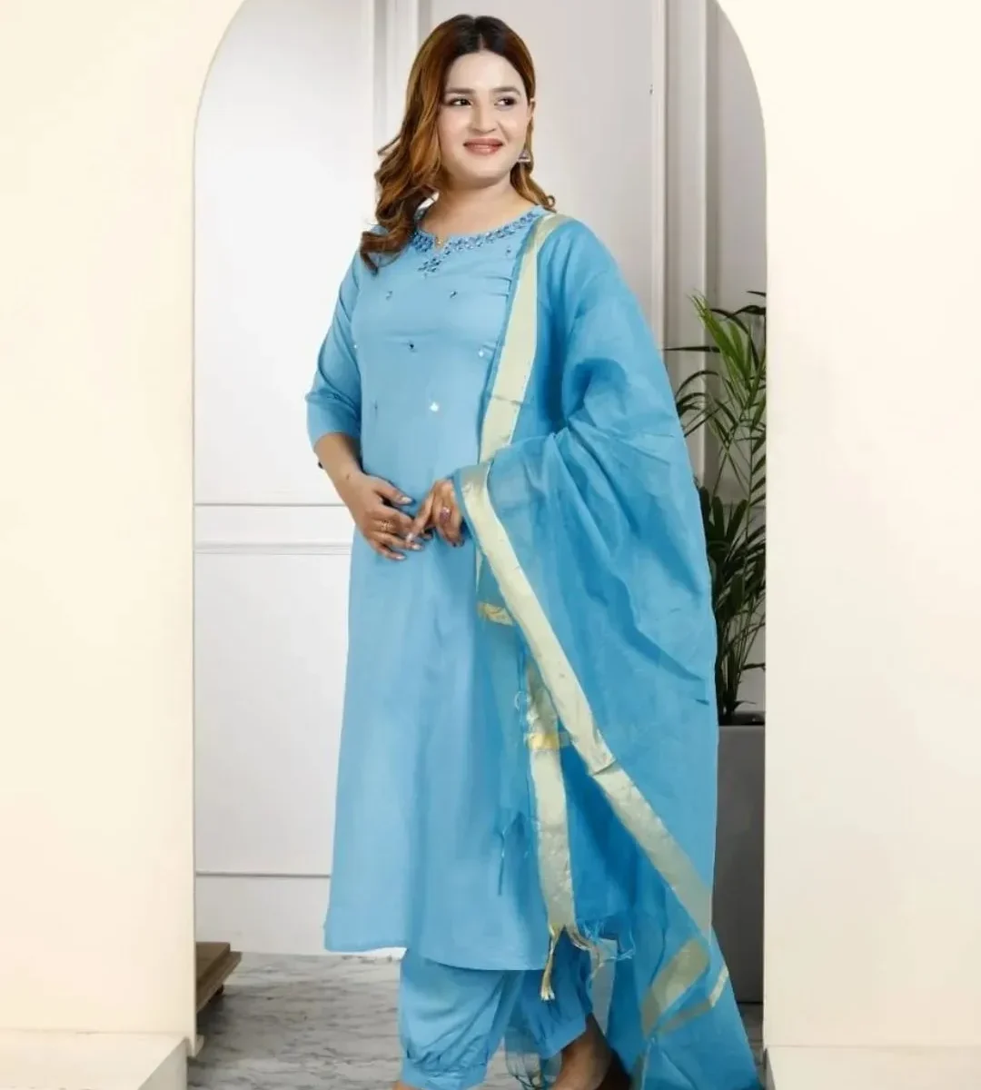 Sky Blue Floral Kurti With Pant