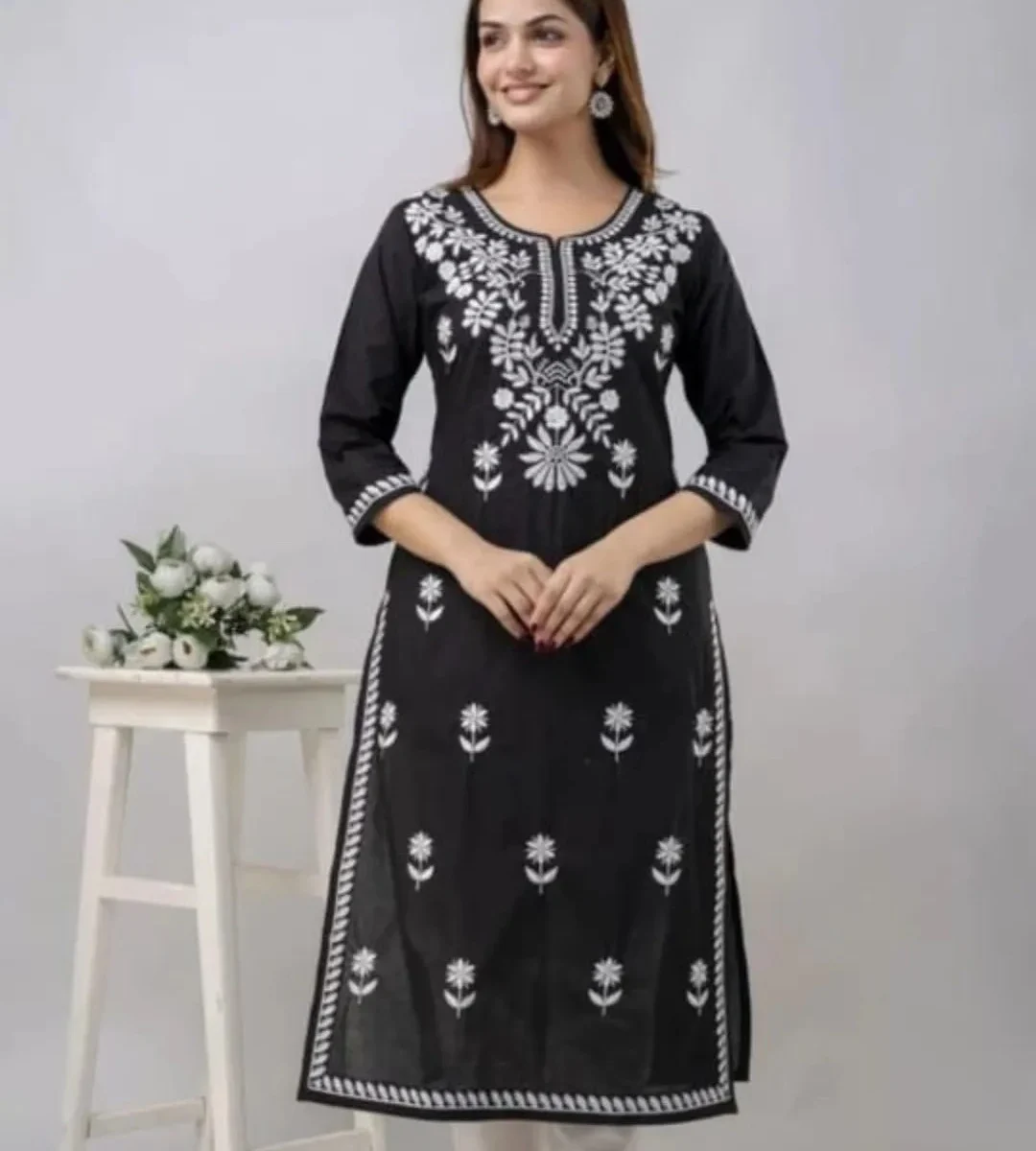 White Black Floral Print Kurti Pant Set
