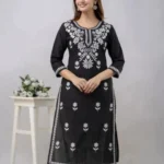 White Black Floral Print Kurti Pant Set