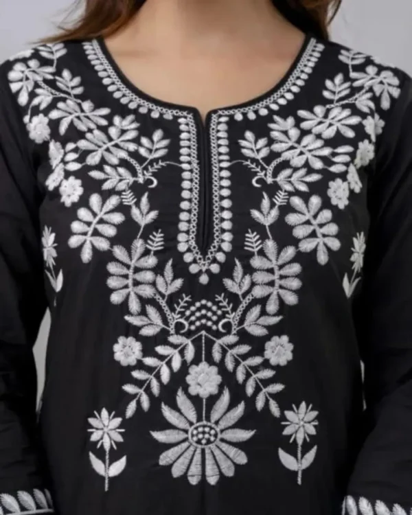 White Black Floral Print Kurti Pant Set Front