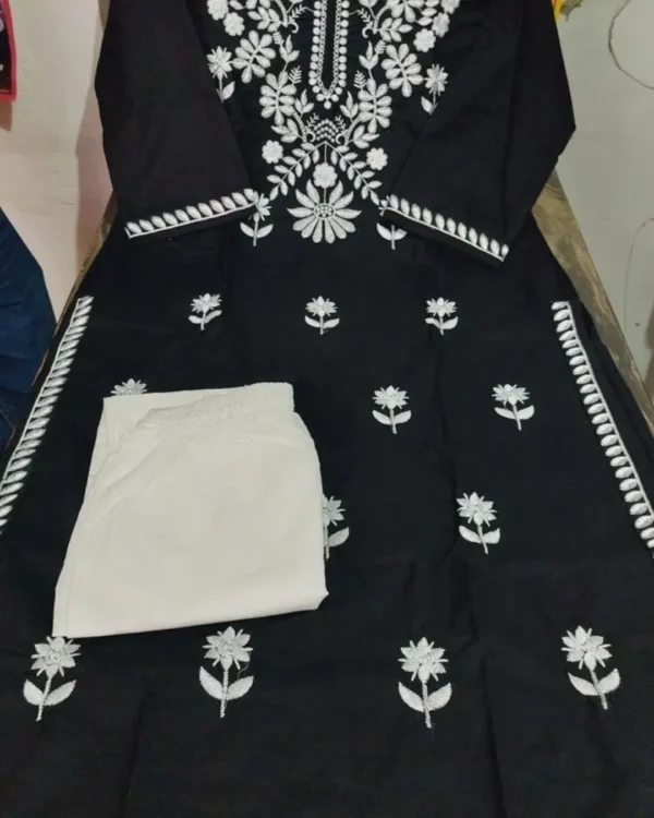 White Black Floral Print Kurti Pant Set