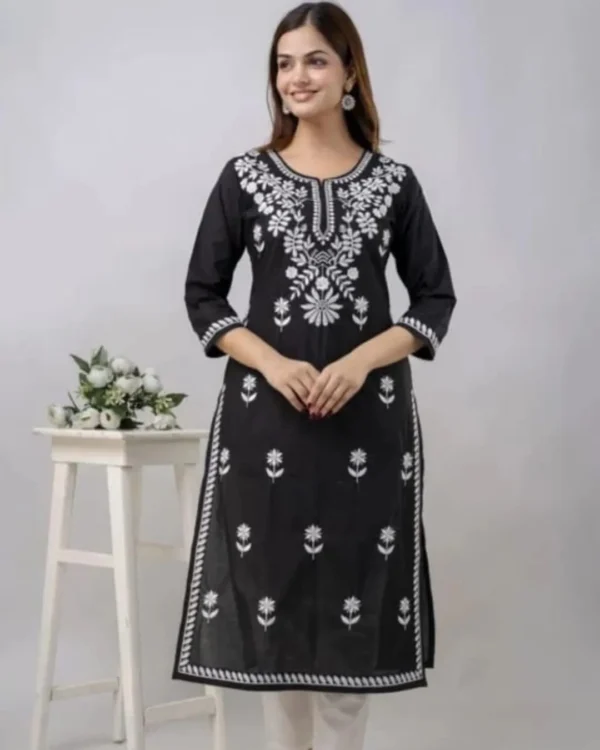 White Black Floral Print Kurti Pant Set