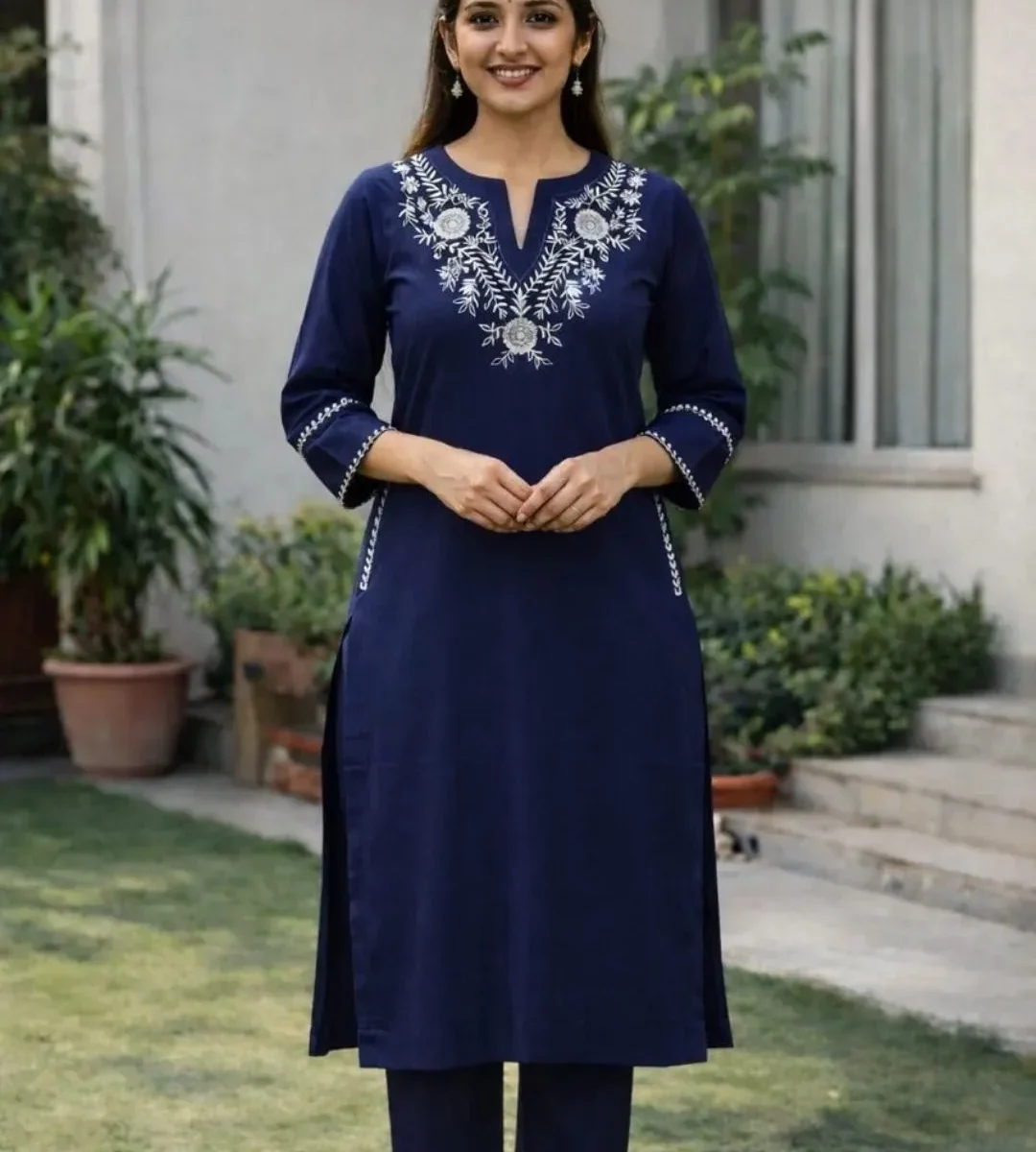 White Blue Cotton Kurti Pant Set