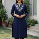 White Blue Cotton Kurti Pant Set