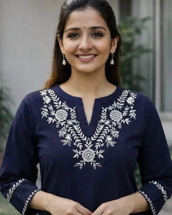White Blue Cotton Kurti Pant Set