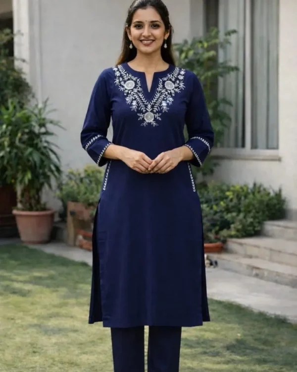 White Blue Cotton Kurti Pant Set