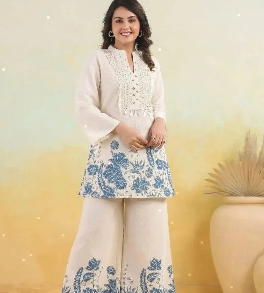 White Color Cotton Kurti Pant Set