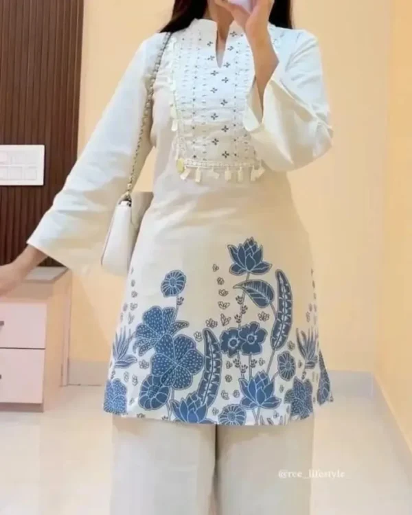 White Color Cotton Kurti Pant Set