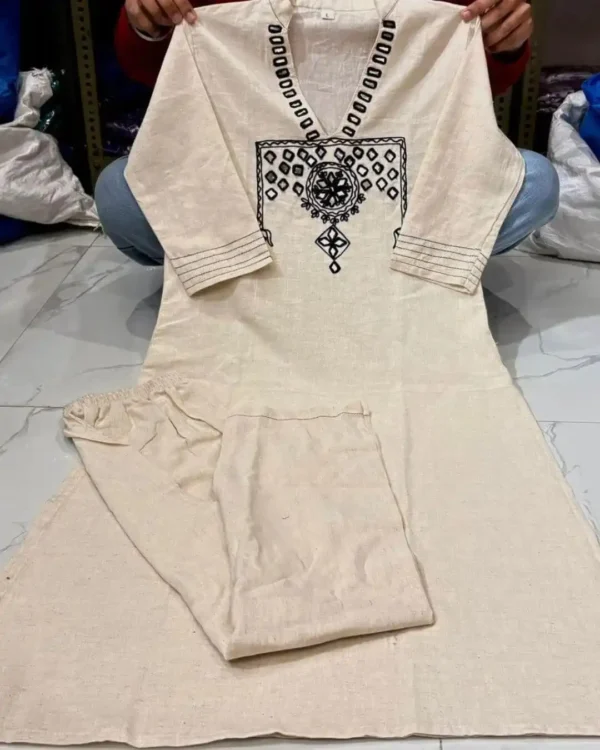 White Color Cotton Printed Kurti Pant Set