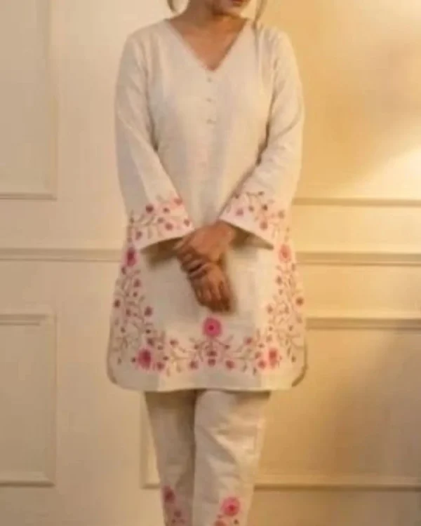 White Cotton Flex Kurti With Pant Set