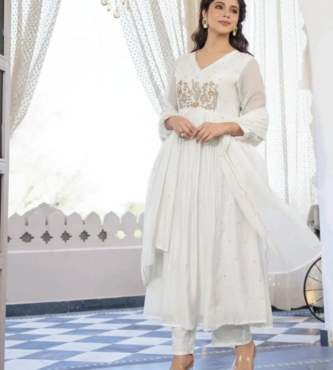 White Floral Cotton Suit Set with Dupatta