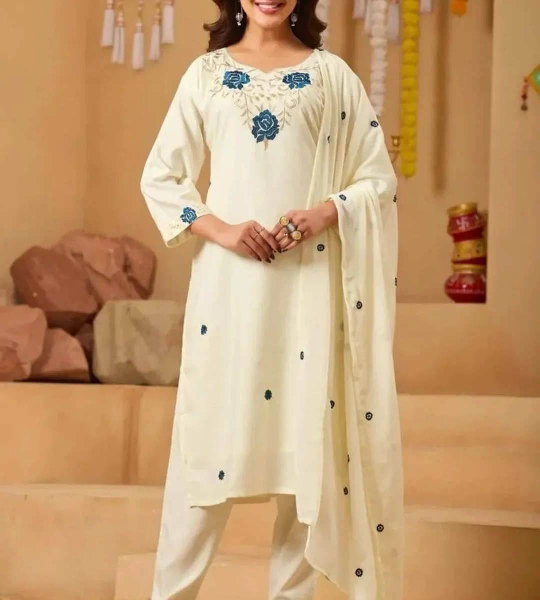 White Floral Print Cotton Suit Set