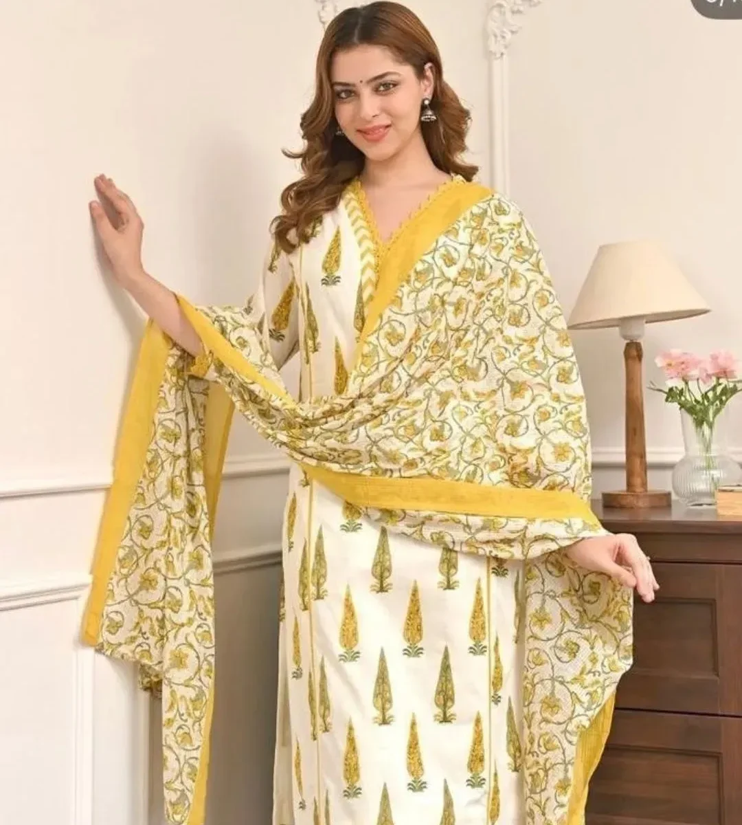White Floral Print Kurti Set