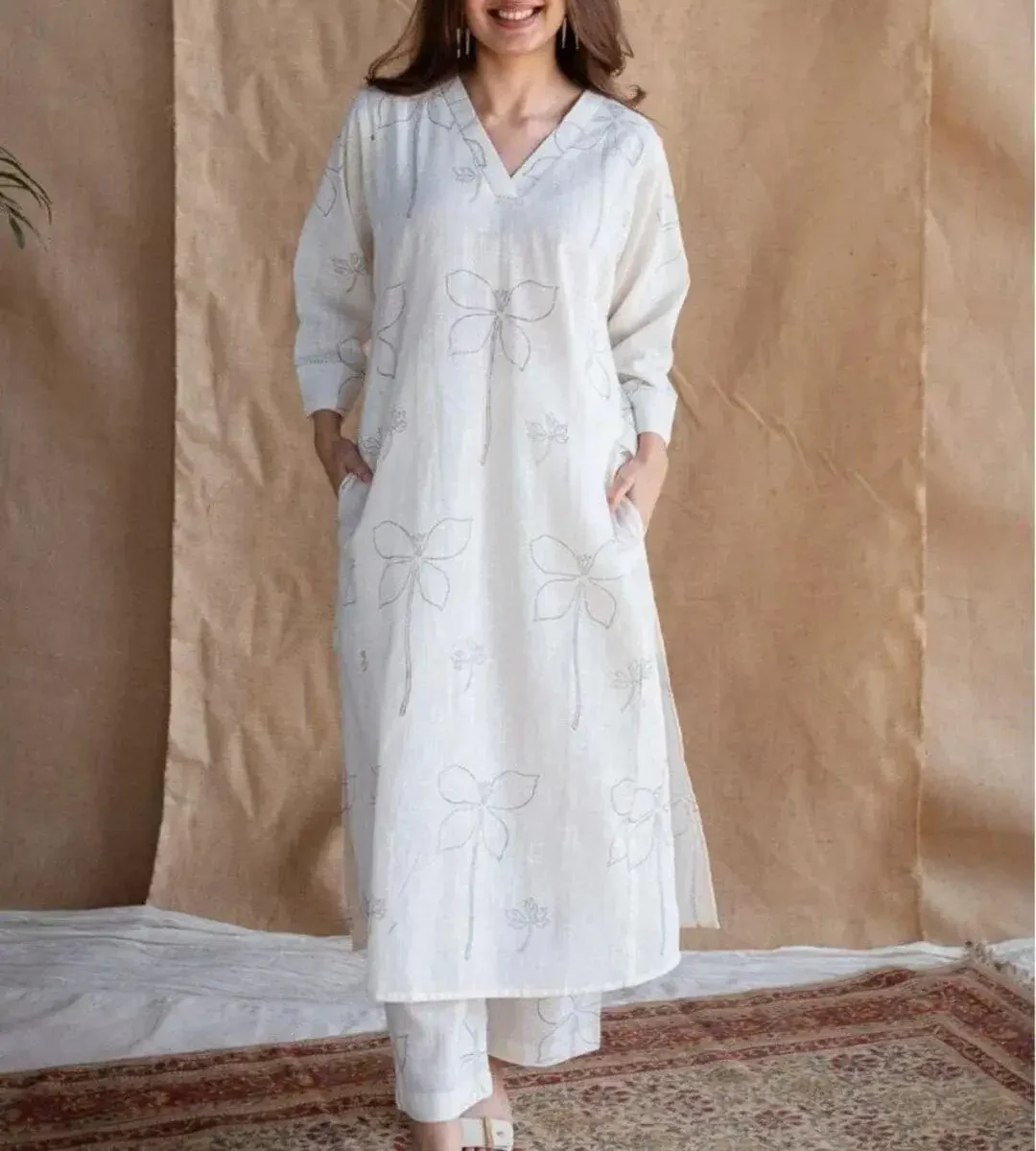 White Sanganeri Print Cotton Kurti Palazzo Set