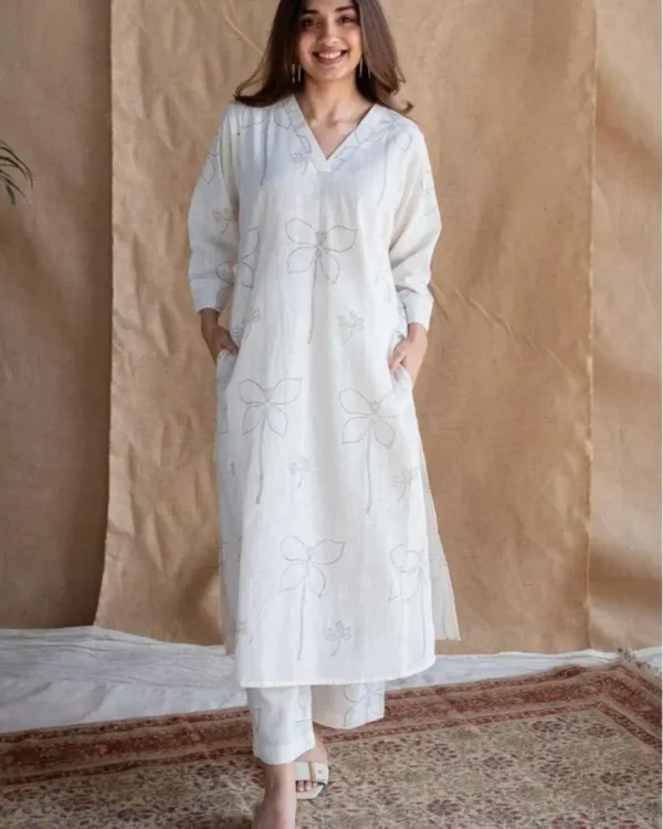 White Sanganeri Print Cotton Kurti Palazzo Set
