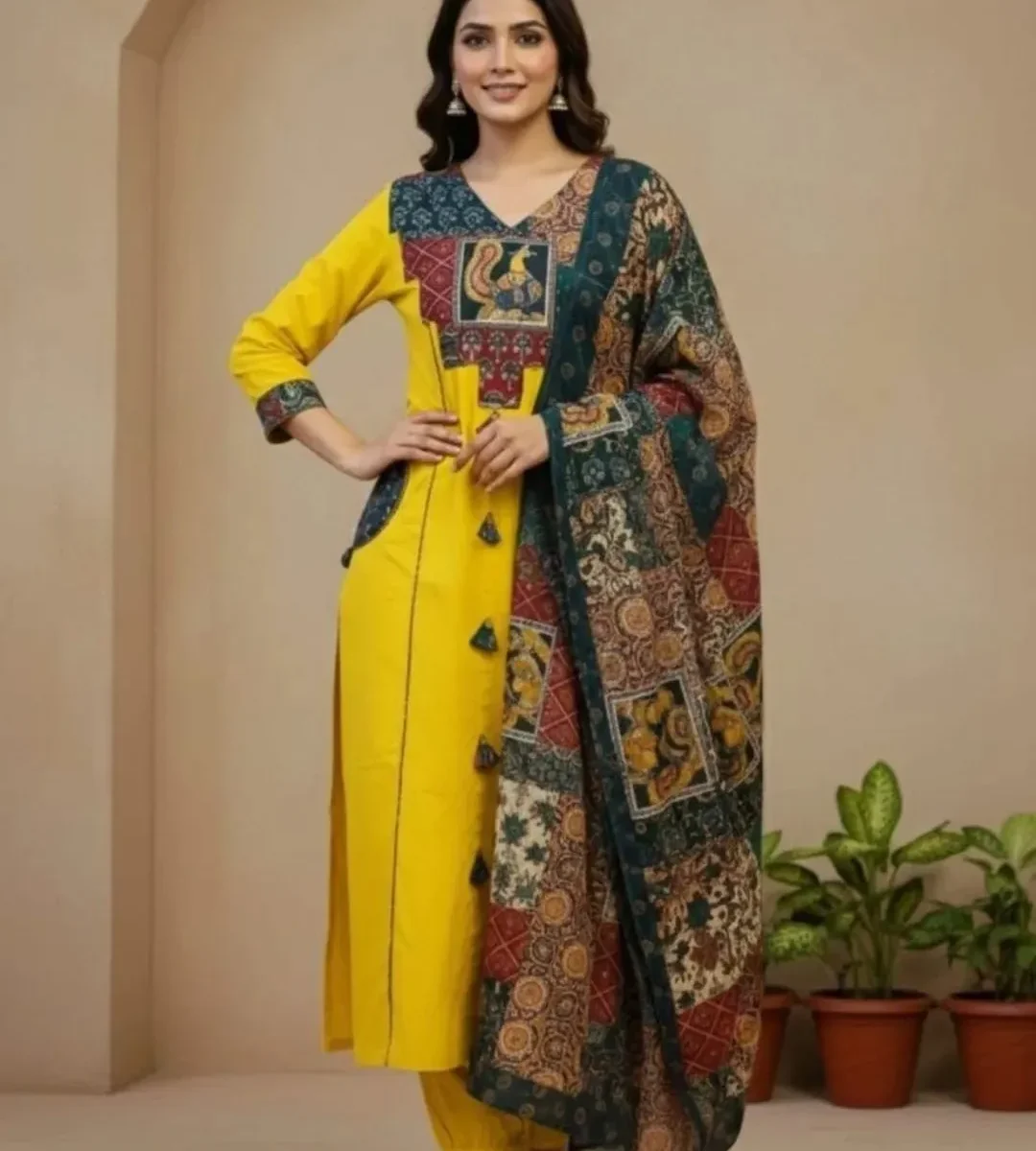 Yellow Cotton Floral Print Kurti Pant With Dupatta