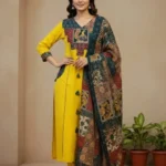 Yellow Cotton Floral Print Kurti Pant With Dupatta