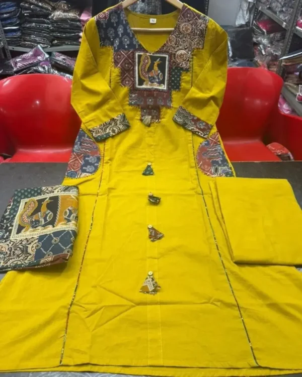 Yellow Cotton Floral Print Kurti Pant With Dupatta