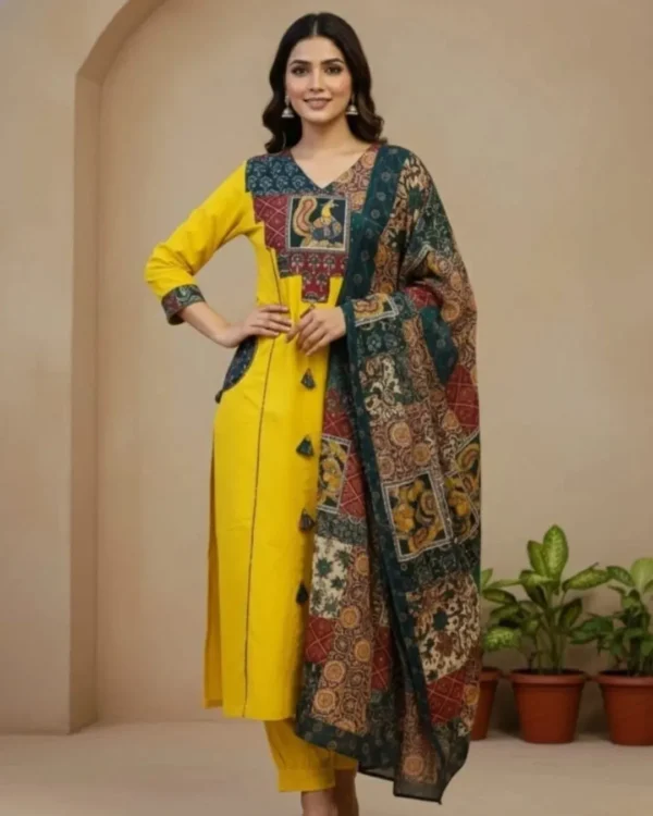 Yellow Cotton Floral Print Kurti Pant With Dupatta