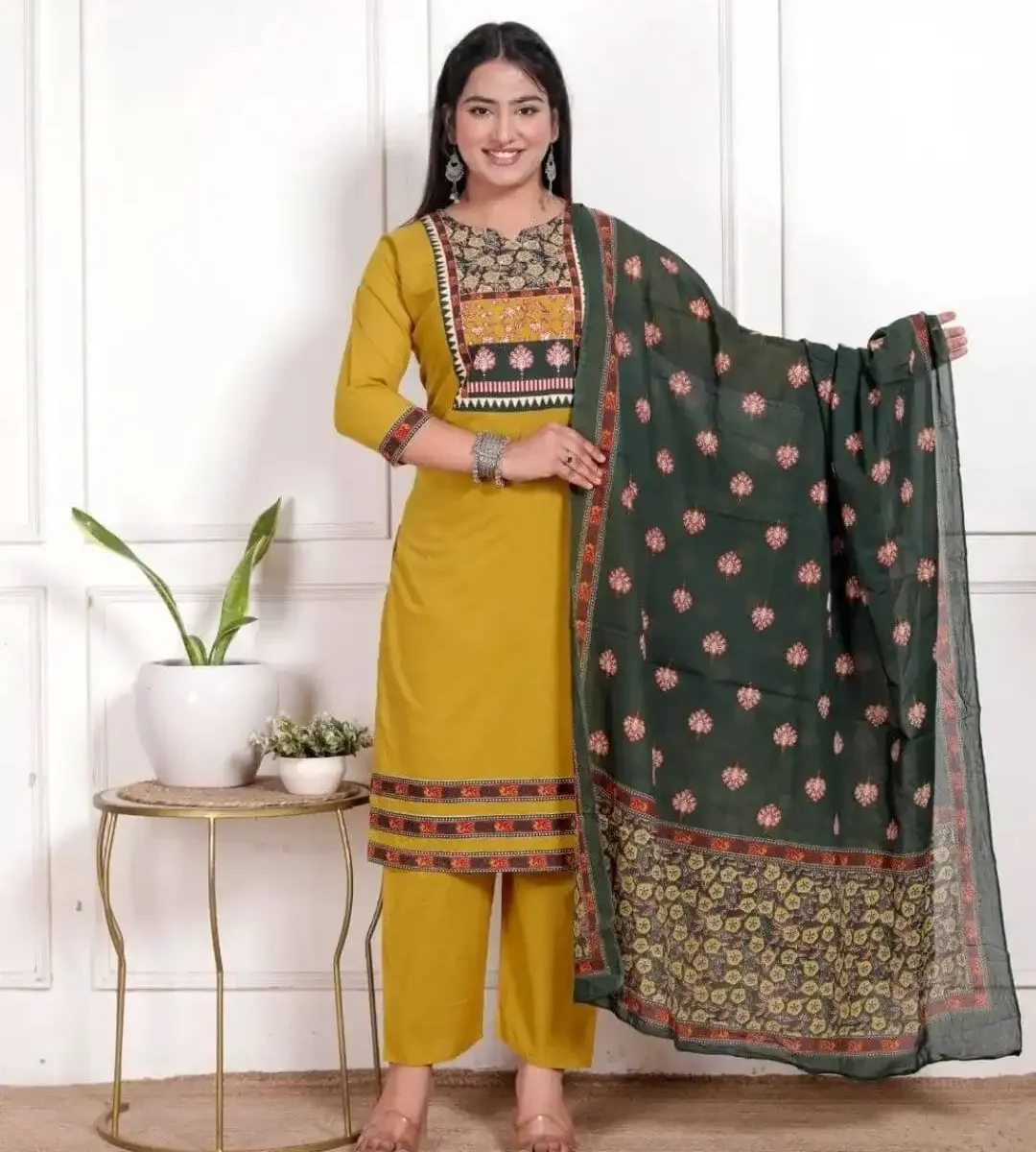 Yellow Cotton Kurti Pant Dupatta Set