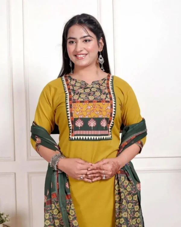 Yellow Cotton Kurti Pant Dupatta Set