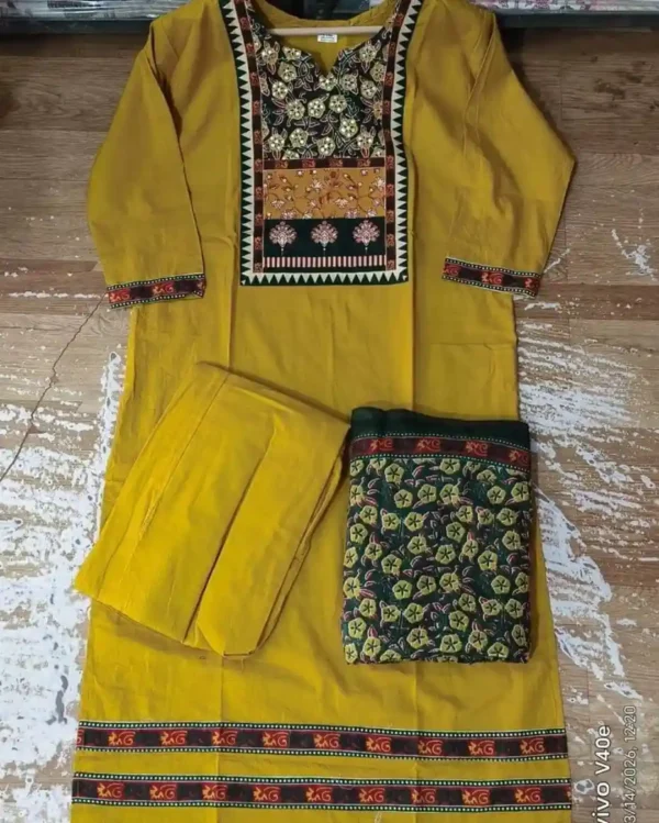 Yellow Cotton Kurti Pant Dupatta Set