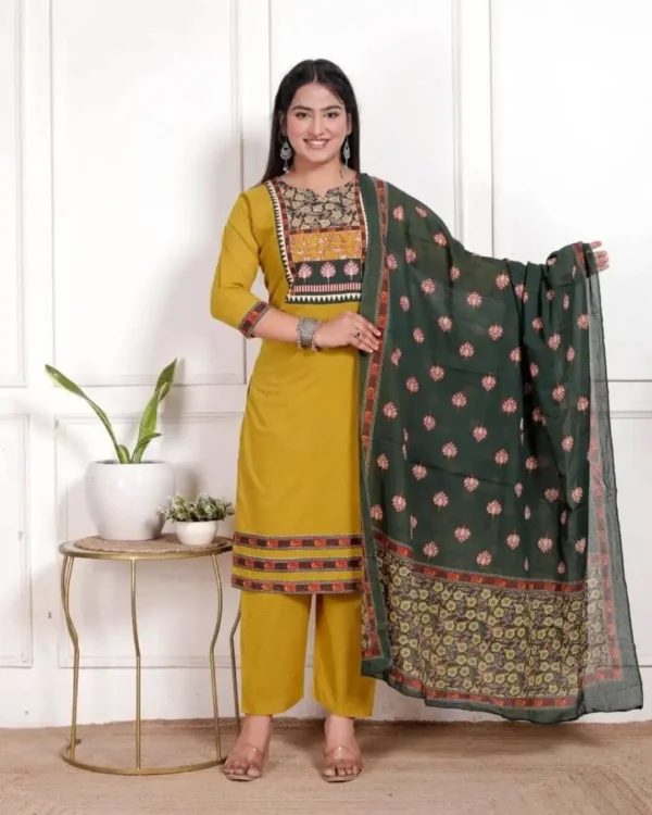 Yellow Cotton Kurti Pant Dupatta Set