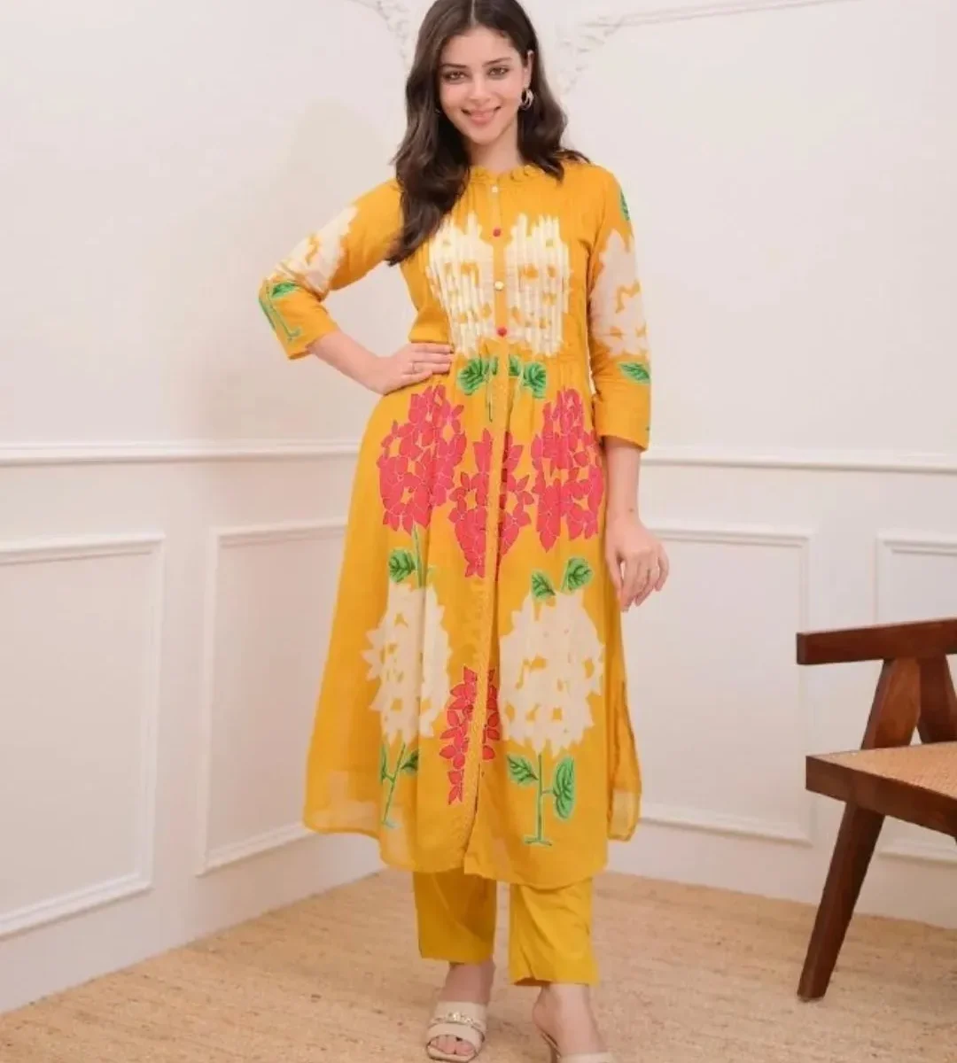 Yellow Cotton Kurti Pant Set