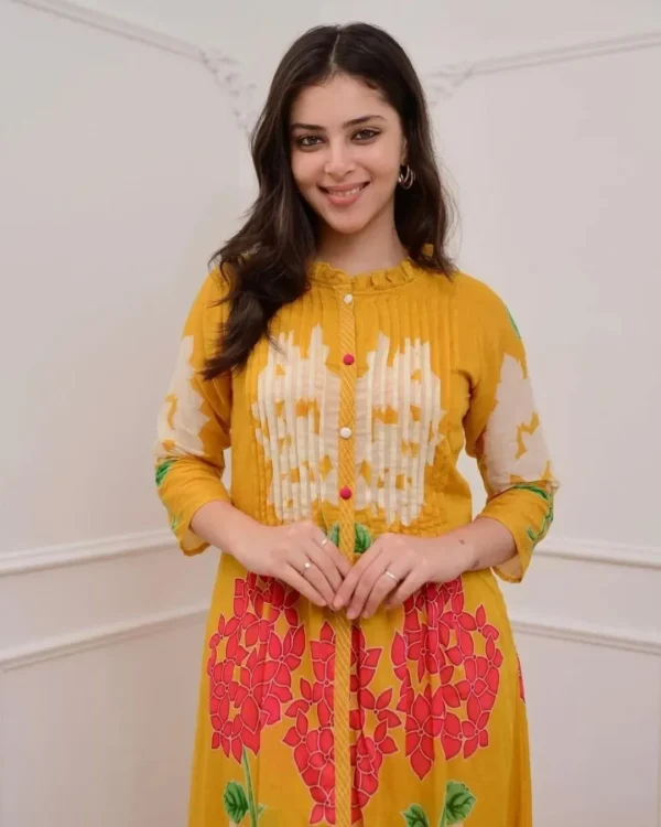 Yellow Cotton Kurti Pant Set