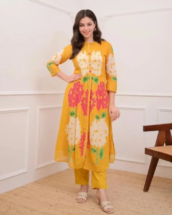 Yellow Cotton Kurti Pant Set