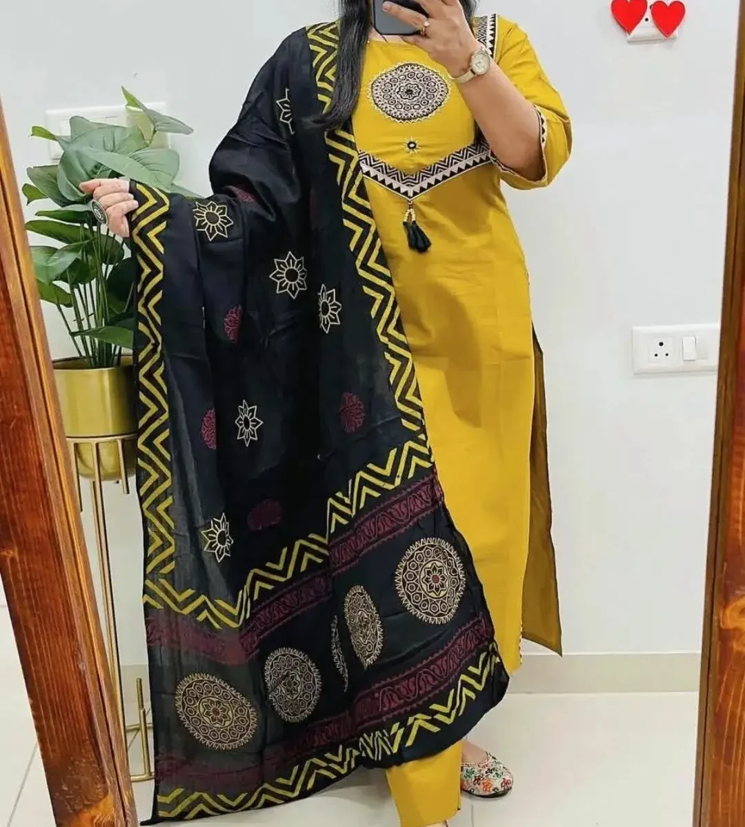 Yellow Cotton Kurti Pant With Dupatta Set