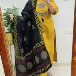 Yellow Cotton Kurti Pant With Dupatta Set