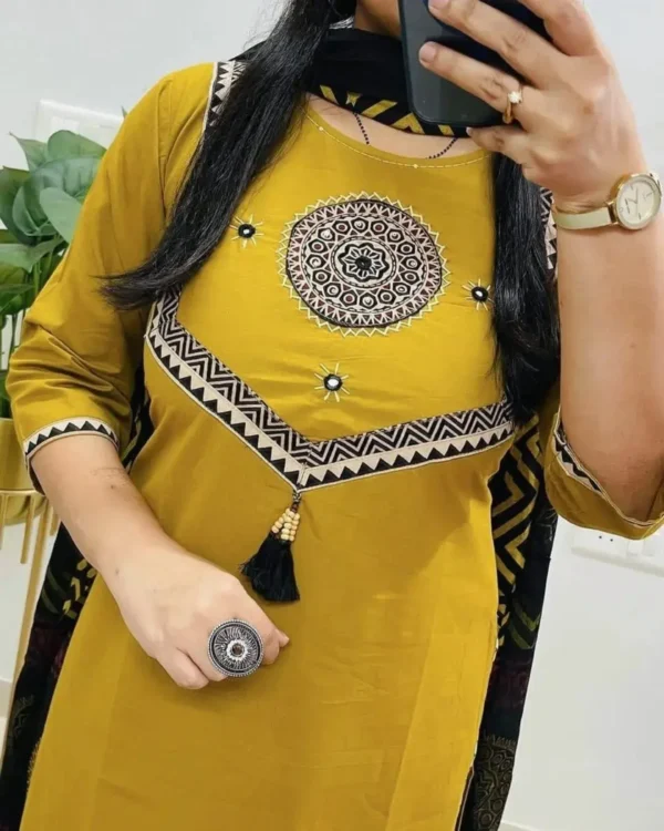 Yellow Cotton Kurti Pant With Dupatta Set