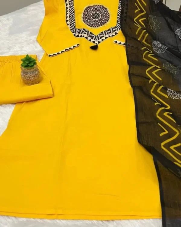 Yellow Cotton Kurti Pant With Dupatta Set