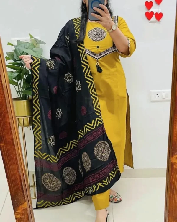 Yellow Cotton Kurti Pant With Dupatta Set