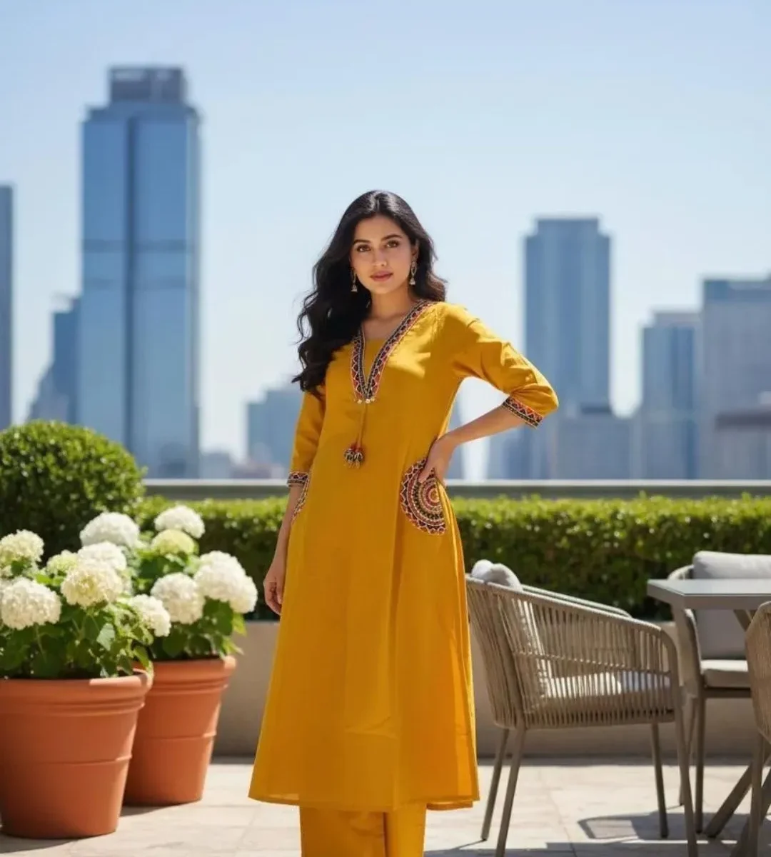 Yellow Floral Kurti With Pant