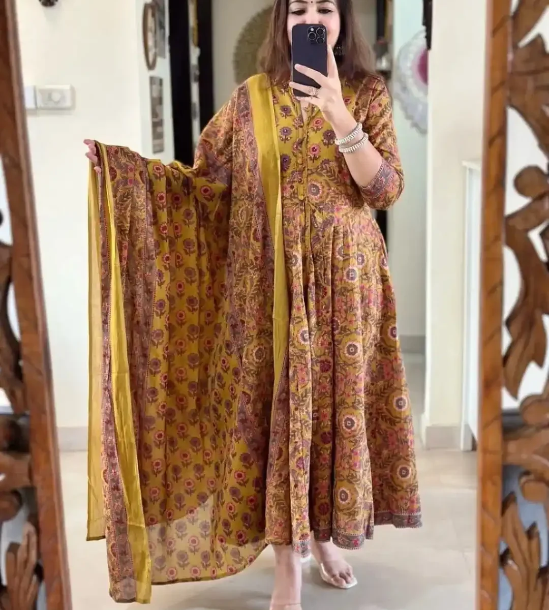Yellow Floral Print Kurti Pant Dupatta Set