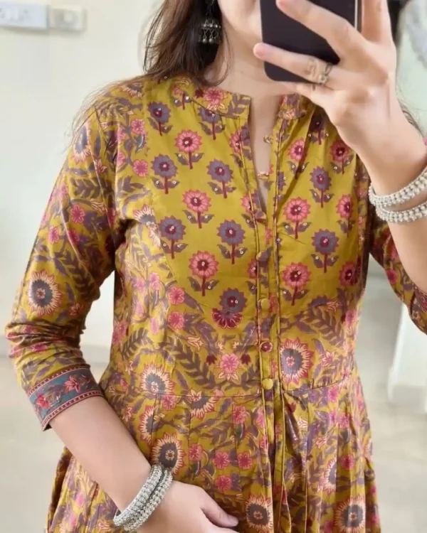 Yellow Floral Print Kurti Pant Dupatta Set