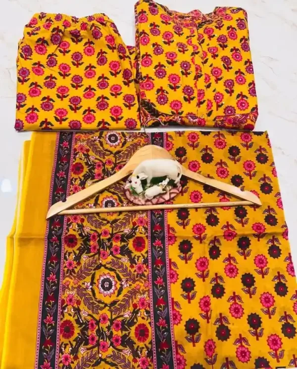 Yellow Floral Print Kurti Pant Dupatta Set