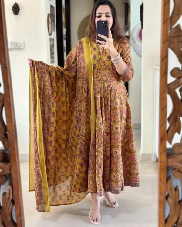 Yellow Floral Print Kurti Pant Dupatta Set
