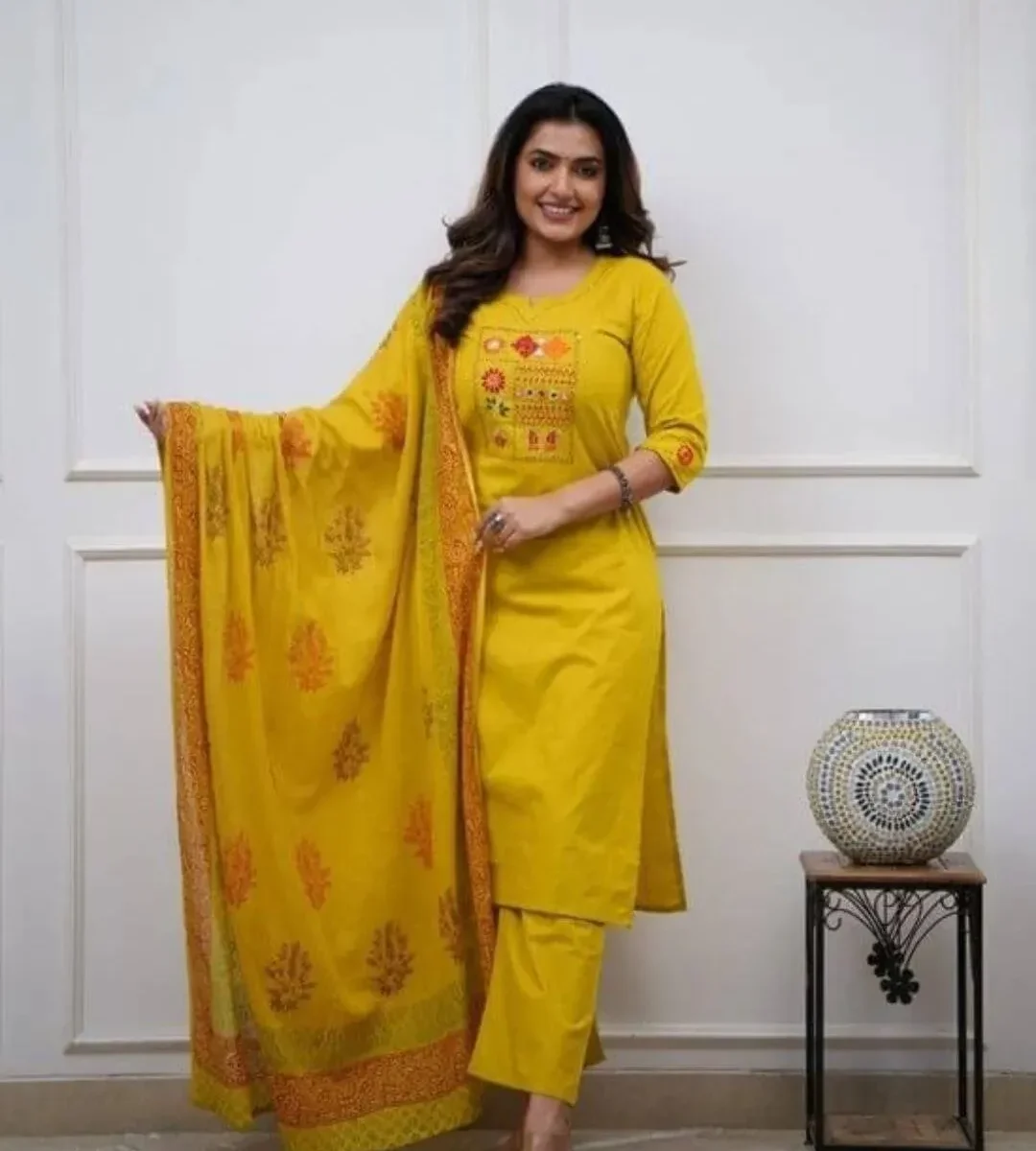 Yellow Printed Cotton Suit Set